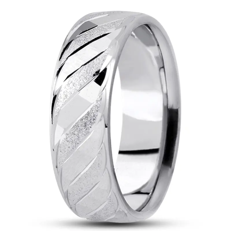 10K white gold 7mm. stone finish fancy-carved-diamond-cut-wedding-band - alternate view 2