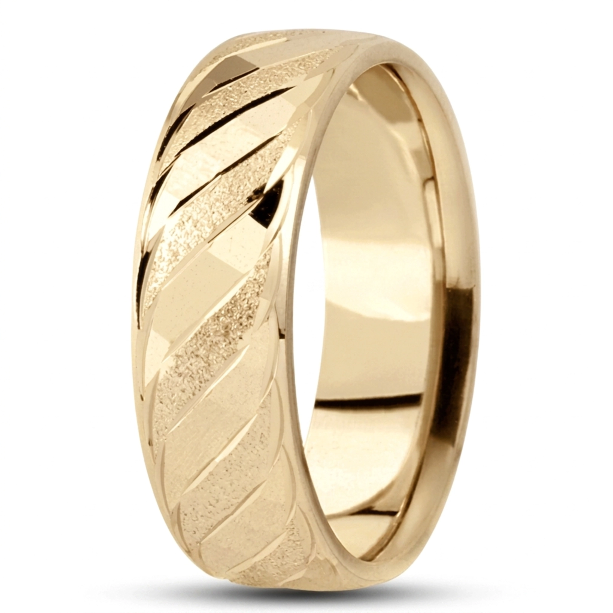 10K yellow gold 7mm. stone finish fancy-carved-diamond-cut-wedding-band - main view