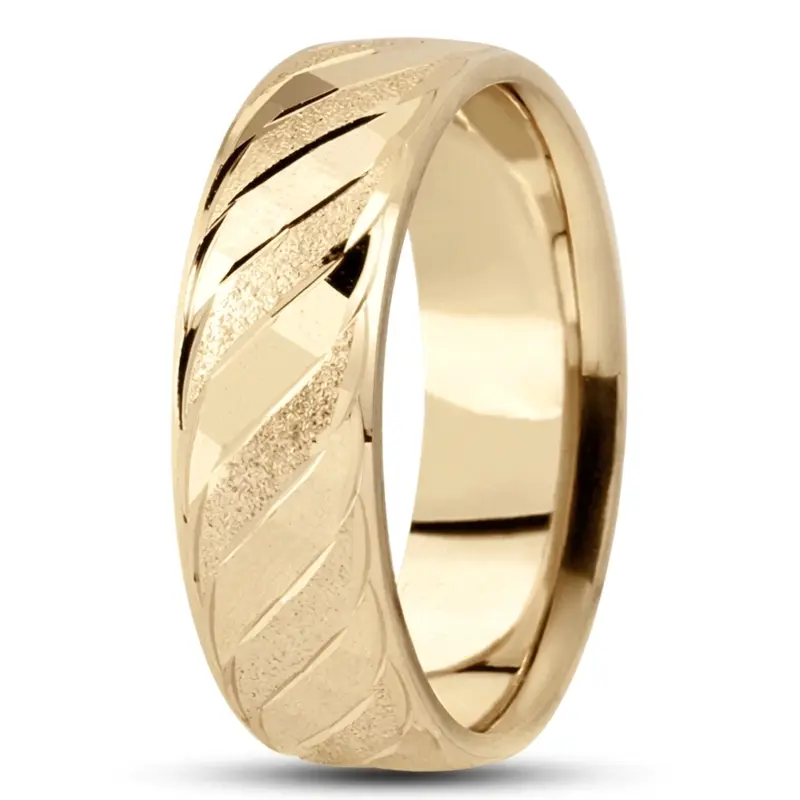 10K yellow gold 7mm. stone finish fancy-carved-diamond-cut-wedding-band - main view