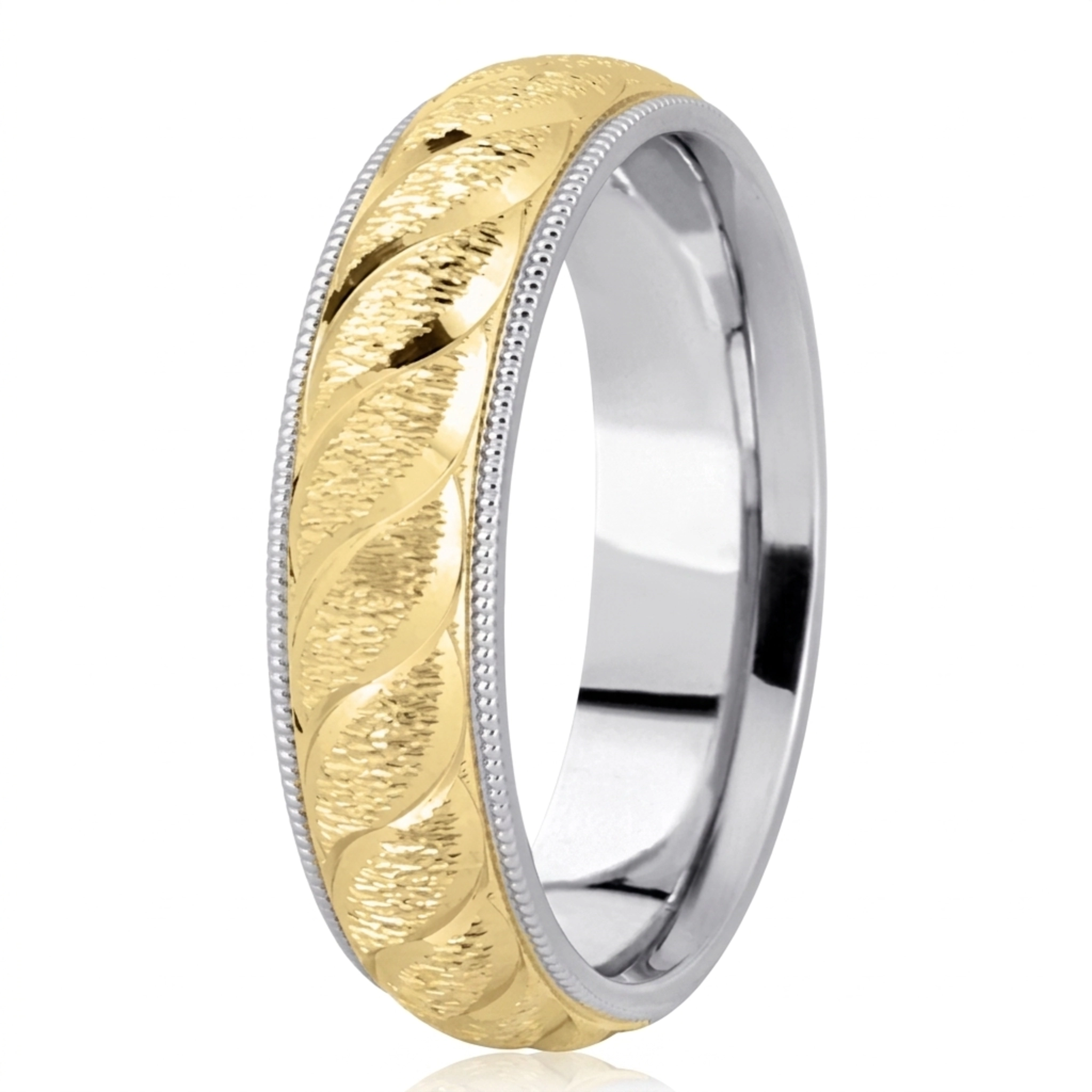 10K white-yellow-white gold 6mm. cross satin fancy-carved-diamond-cut-wedding-band - main view