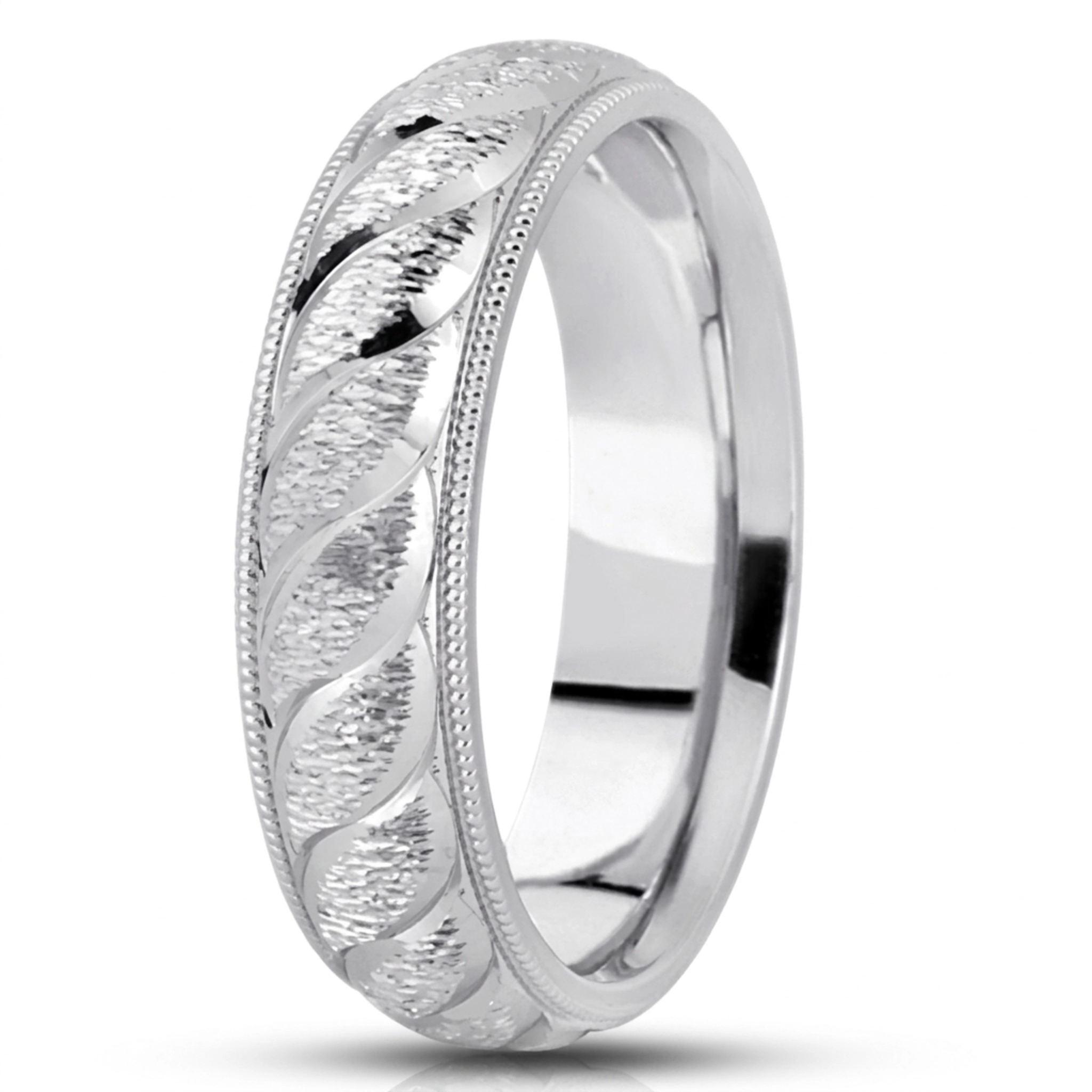 10K white gold 6mm. cross satin fancy-carved-diamond-cut-wedding-band - alternate view 2