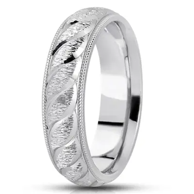 10K white gold 6mm. cross satin fancy-carved-diamond-cut-wedding-band - alternate view 2 thumbnail