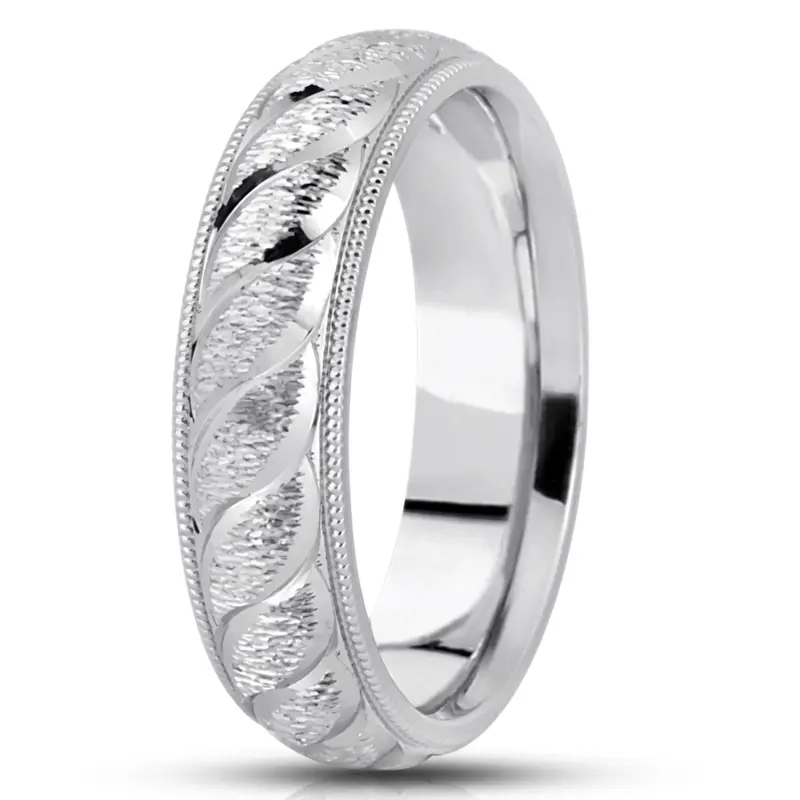 14K white gold 6mm. cross satin fancy-carved-diamond-cut-wedding-band - alternate view 2