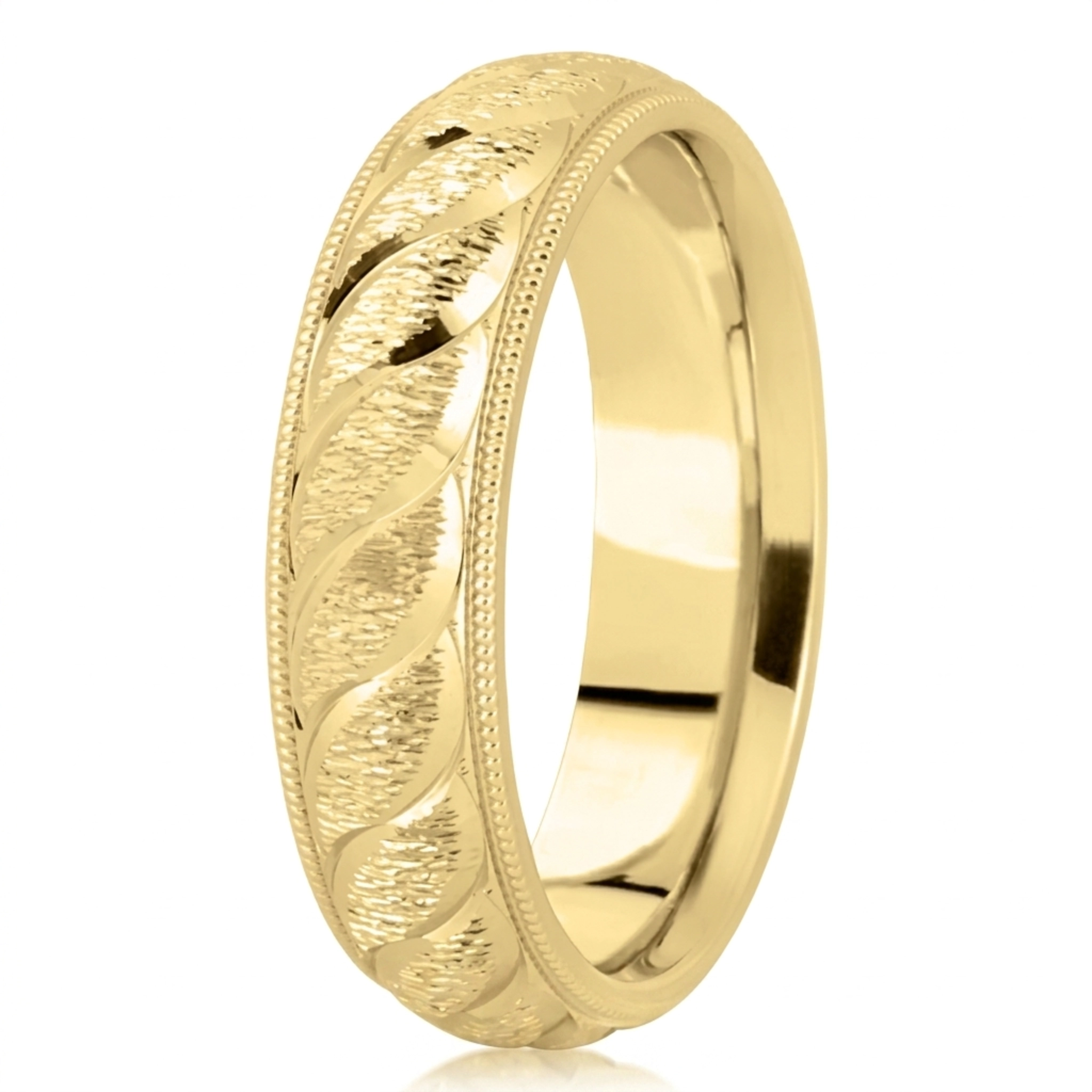 10K yellow gold 6mm. cross satin fancy-carved-diamond-cut-wedding-band - alternate view 3