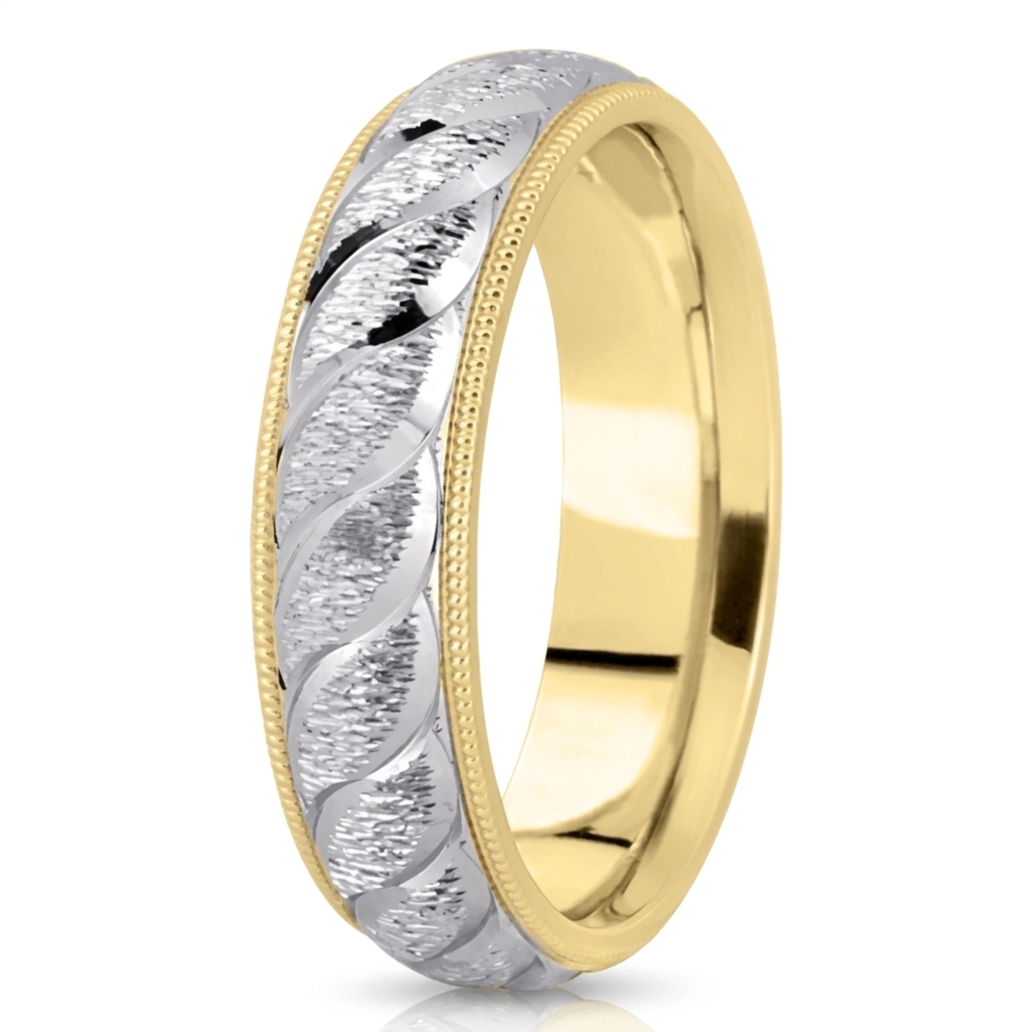 10K yellow-white-yellow gold 6mm. cross satin fancy-carved-diamond-cut-wedding-band - alternate view 4