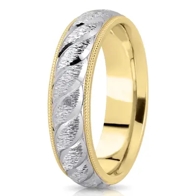 10K yellow-white-yellow gold 6mm. cross satin fancy-carved-diamond-cut-wedding-band - alternate view 4 thumbnail