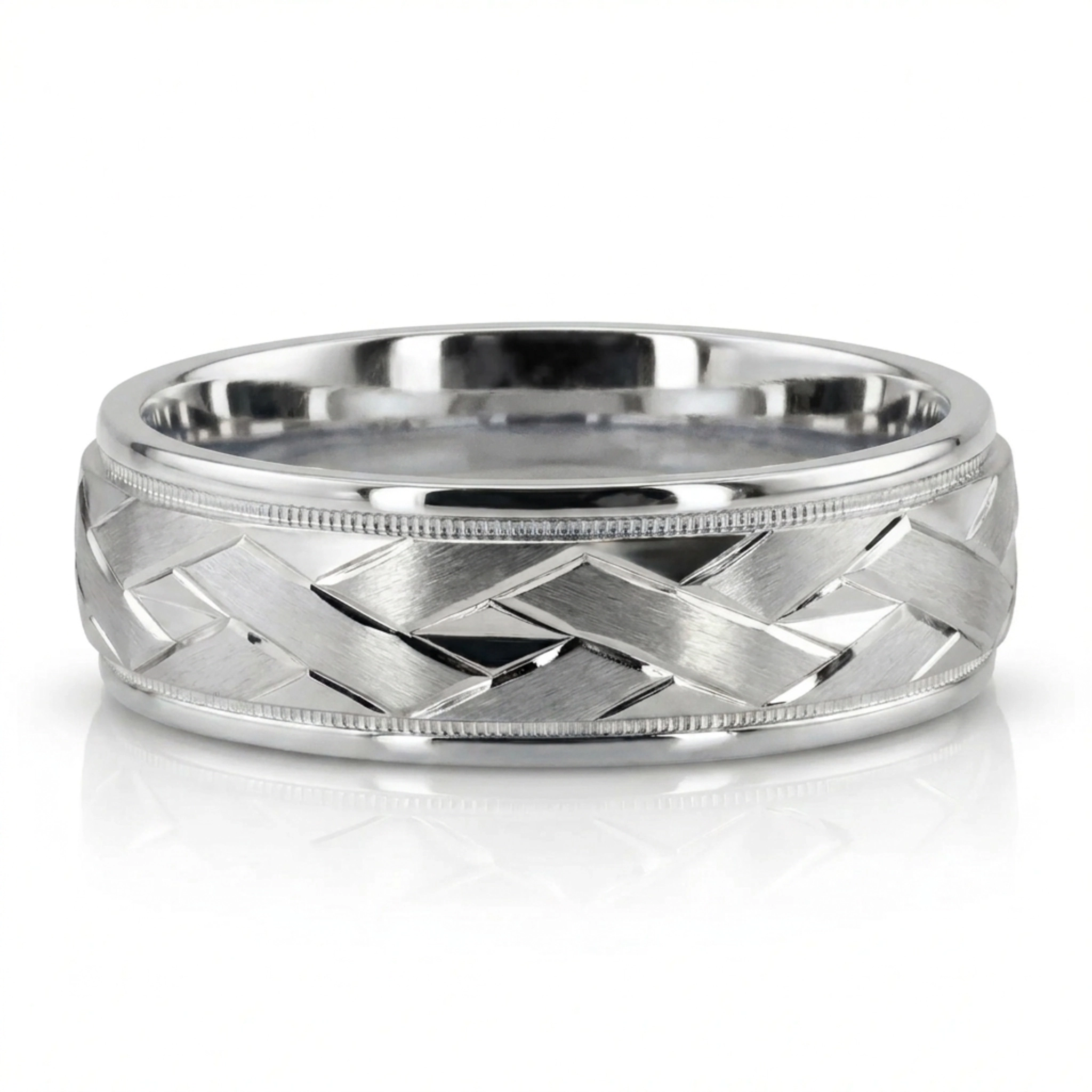 10K white gold 7mm. satin finish fancy-carved-diamond-cut-wedding-band - main view