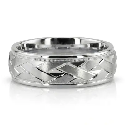 10K white gold 7mm. satin finish fancy-carved-diamond-cut-wedding-band - main view thumbnail