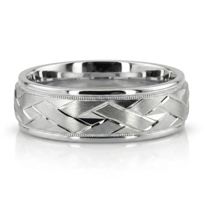 10K white gold 7mm. satin finish fancy-carved-diamond-cut-wedding-band - main view
