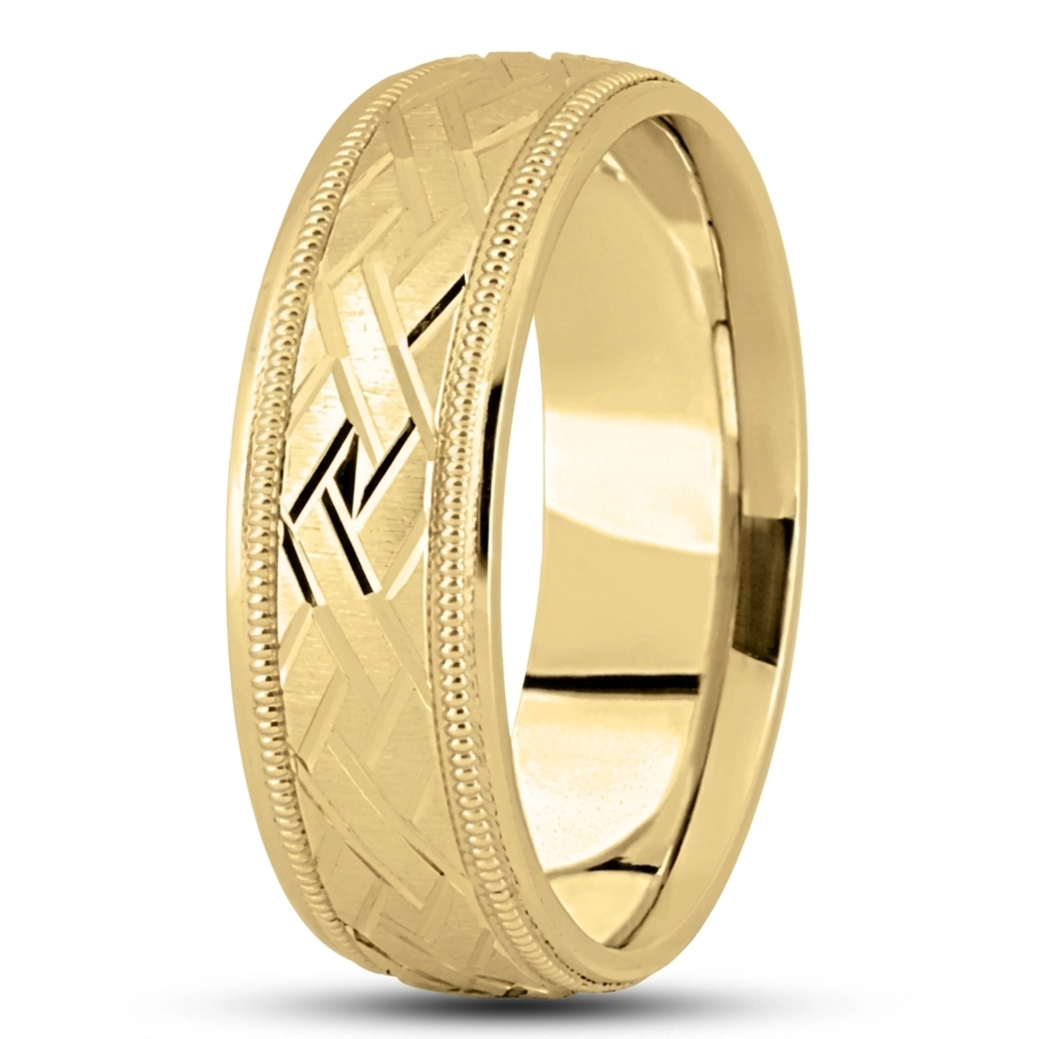 10K yellow gold 7mm. satin fancy-carved-diamond-cut-wedding-band - alternate view 4