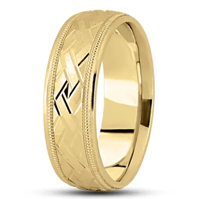10K yellow gold 7mm. satin fancy-carved-diamond-cut-wedding-band - alternate view 4 thumbnail