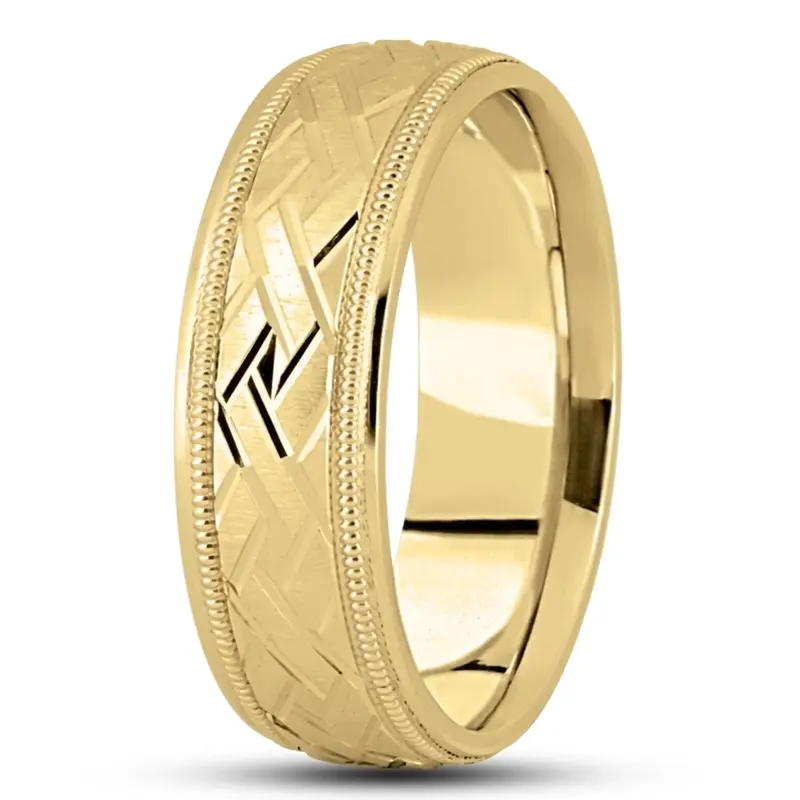 10K yellow gold 7mm. satin fancy-carved-diamond-cut-wedding-band - alternate view 4