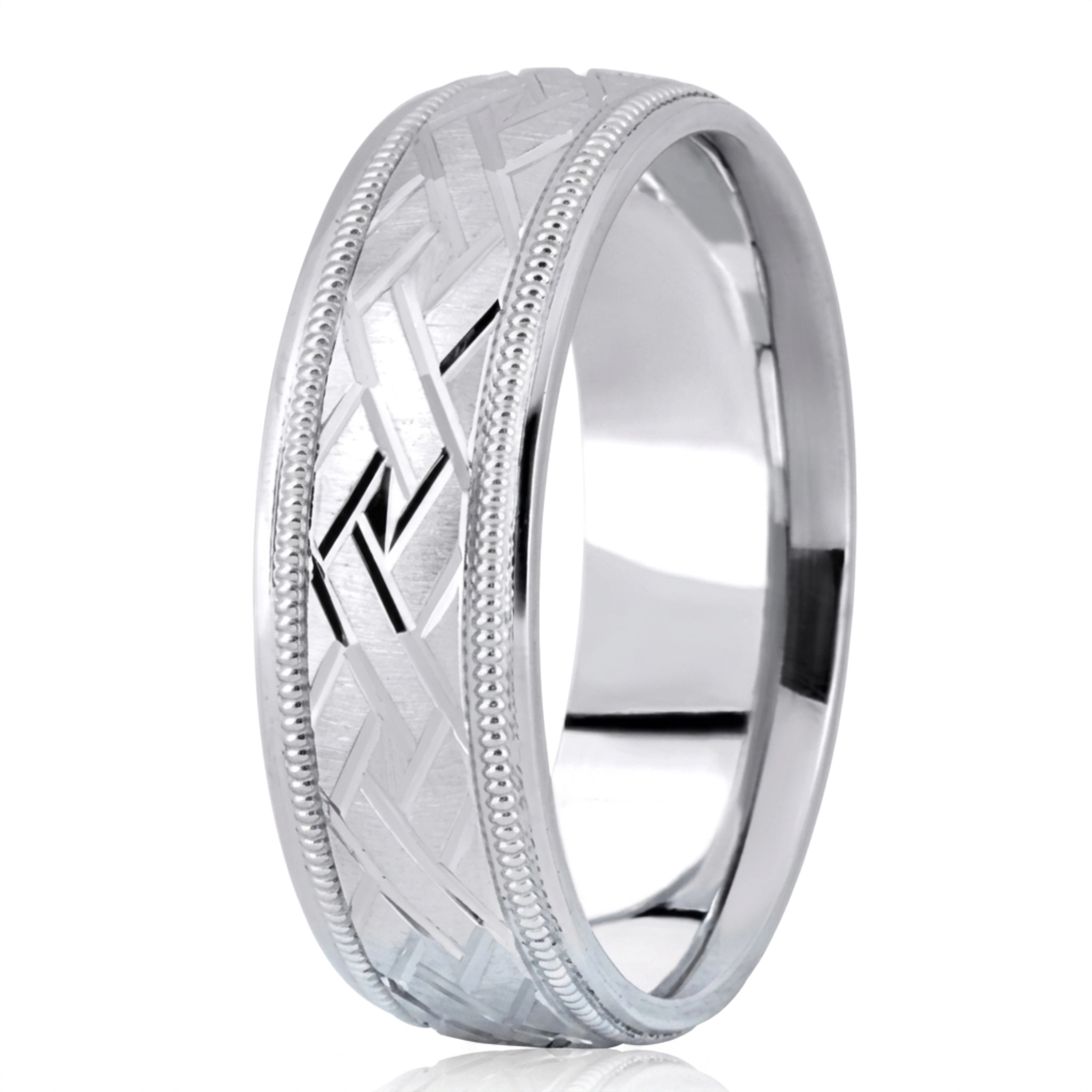 10K white gold 7mm. satin fancy-carved-diamond-cut-wedding-band - alternate view 5