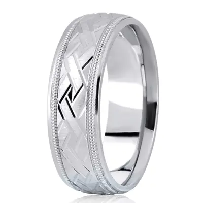 10K white gold 7mm. satin fancy-carved-diamond-cut-wedding-band - alternate view 5 thumbnail