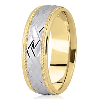 10K yellow-white-yellow gold 7mm. satin fancy-carved-diamond-cut-wedding-band - alternate view 3 thumbnail