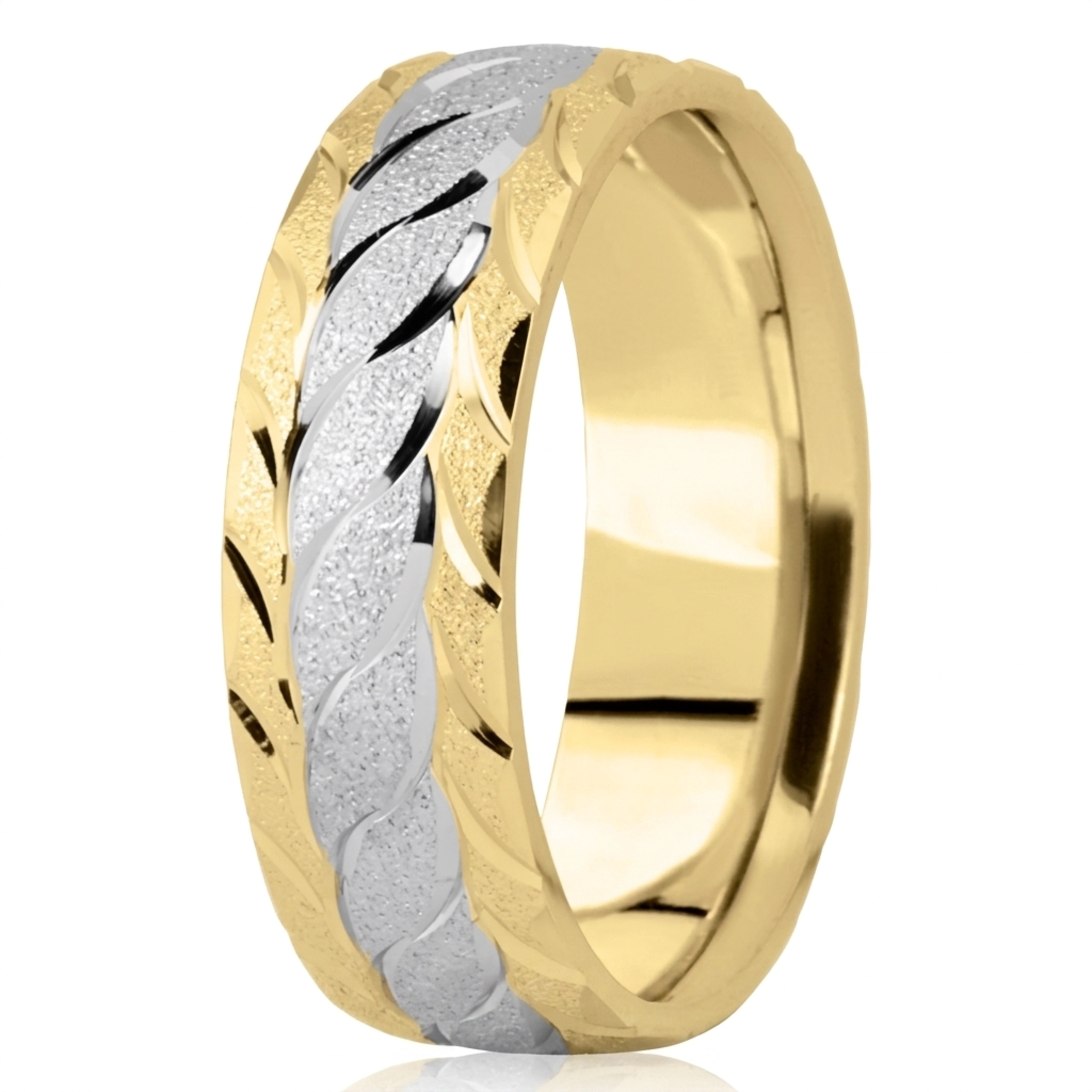 10K yellow-white-yellow gold 7mm. wire matte fancy-carved-diamond-cut-wedding-ring - main view