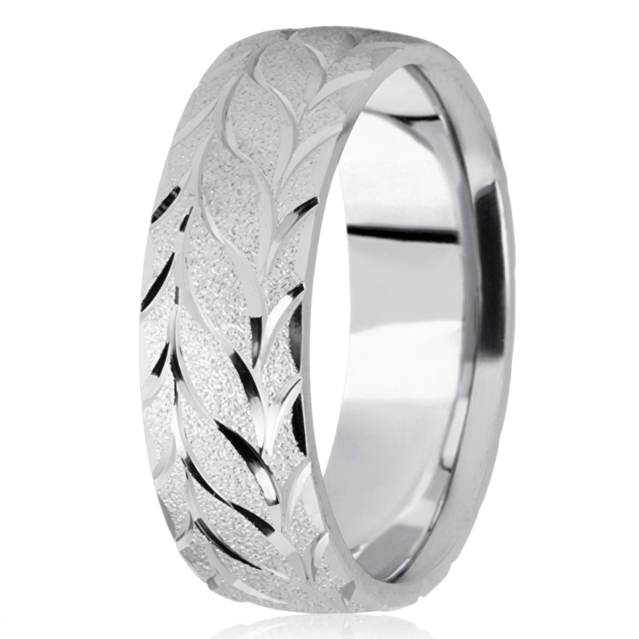 10K white gold 7mm. wire matte fancy-carved-diamond-cut-wedding-ring - alternate view 2