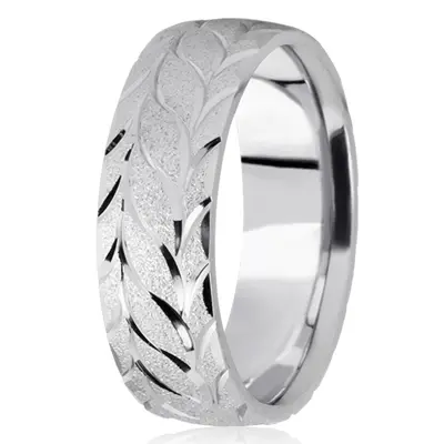 10K white gold 7mm. wire matte fancy-carved-diamond-cut-wedding-ring - alternate view 2 thumbnail
