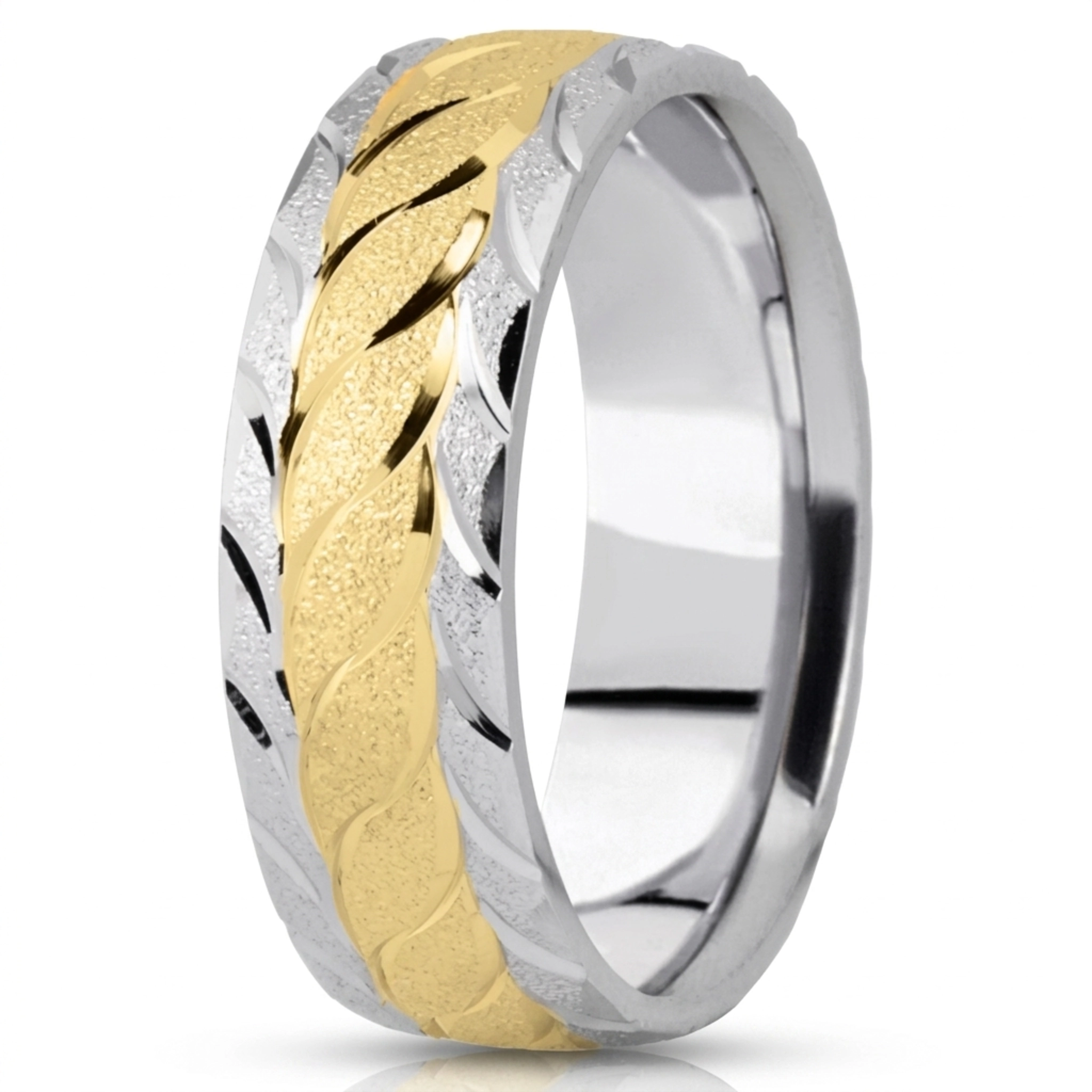 10K white-yellow-white gold 7mm. wire matte fancy-carved-diamond-cut-wedding-ring - alternate view 4