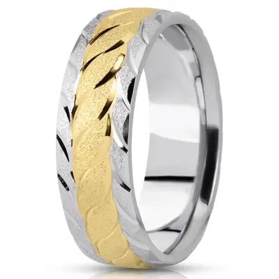 10K white-yellow-white gold 7mm. wire matte fancy-carved-diamond-cut-wedding-ring - alternate view 4 thumbnail