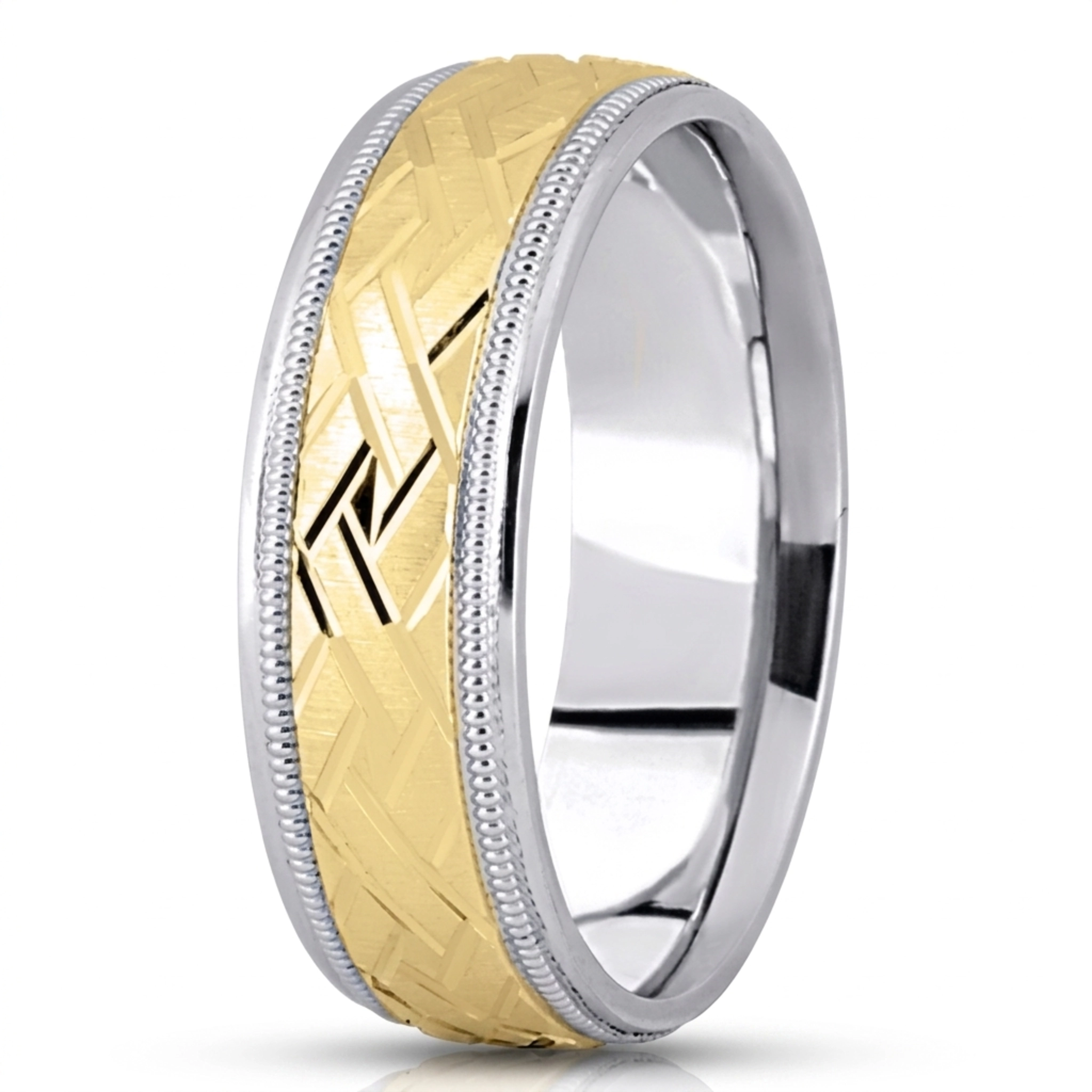 10K white-yellow-white gold 7mm. satin fancy-carved-diamond-cut-wedding-band - alternate view 6