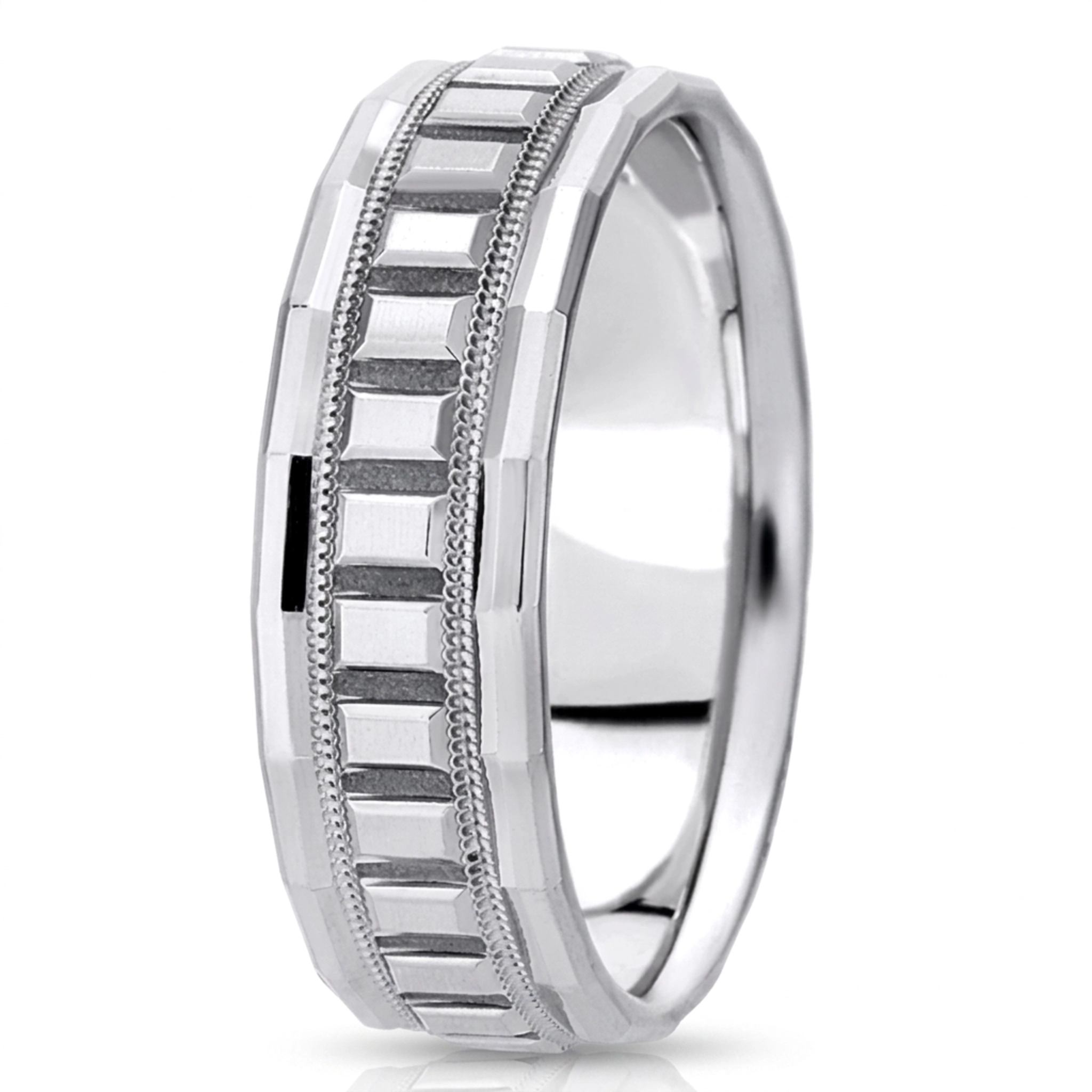 10K white gold 7mm. high polish fancy-carved-diamond-cut-wedding-band - main view