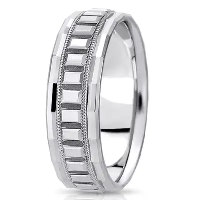 10K white gold 7mm. high polish fancy-carved-diamond-cut-wedding-band - main view thumbnail