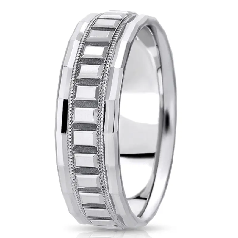 14K white gold 7mm. high polish fancy-carved-diamond-cut-wedding-band - main view