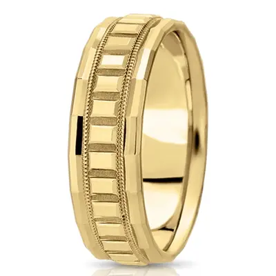 10K yellow gold 7mm. high polish fancy-carved-diamond-cut-wedding-band - alternate view 2 thumbnail