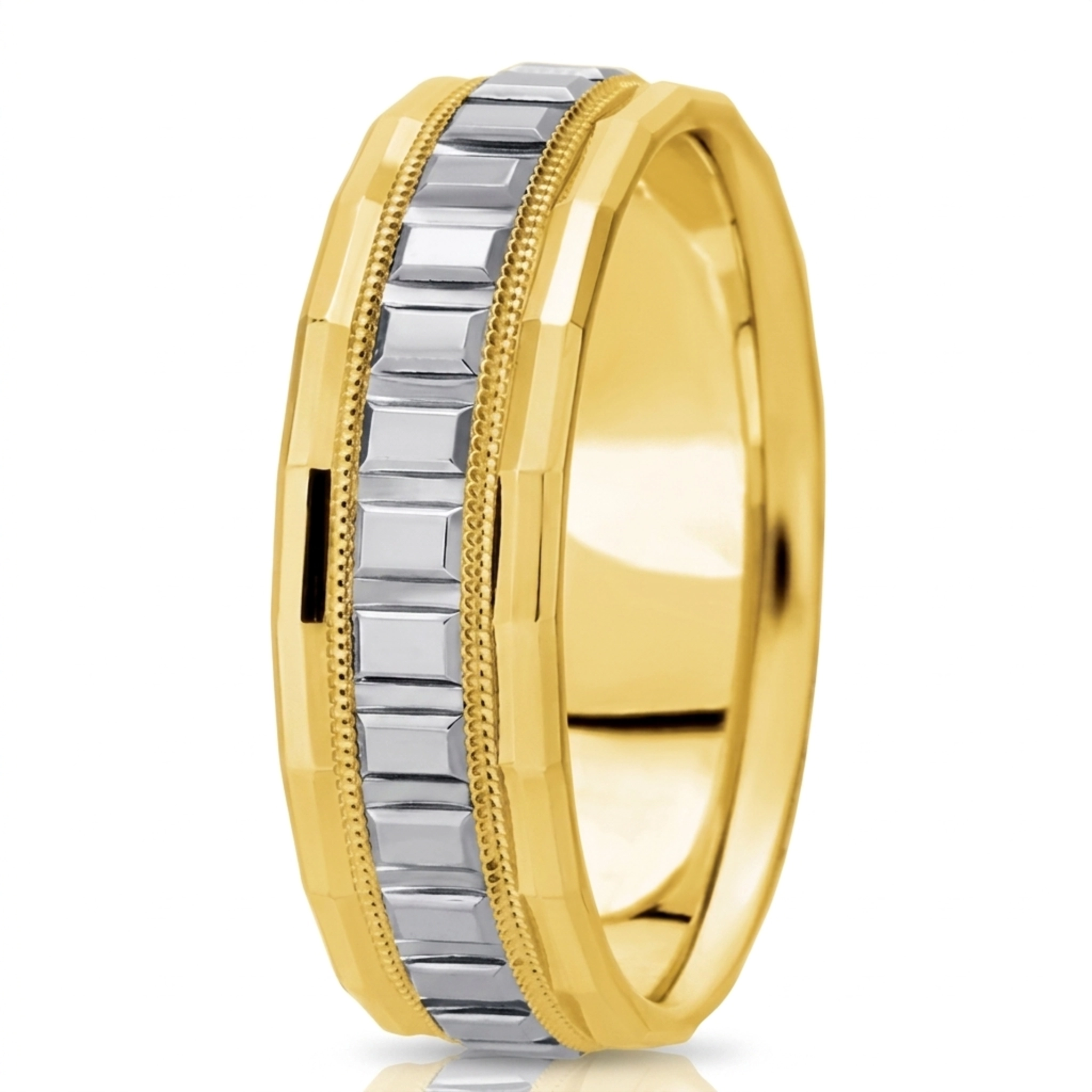 10K yellow-white-yellow gold 7mm. high polish fancy-carved-diamond-cut-wedding-band - alternate view 3