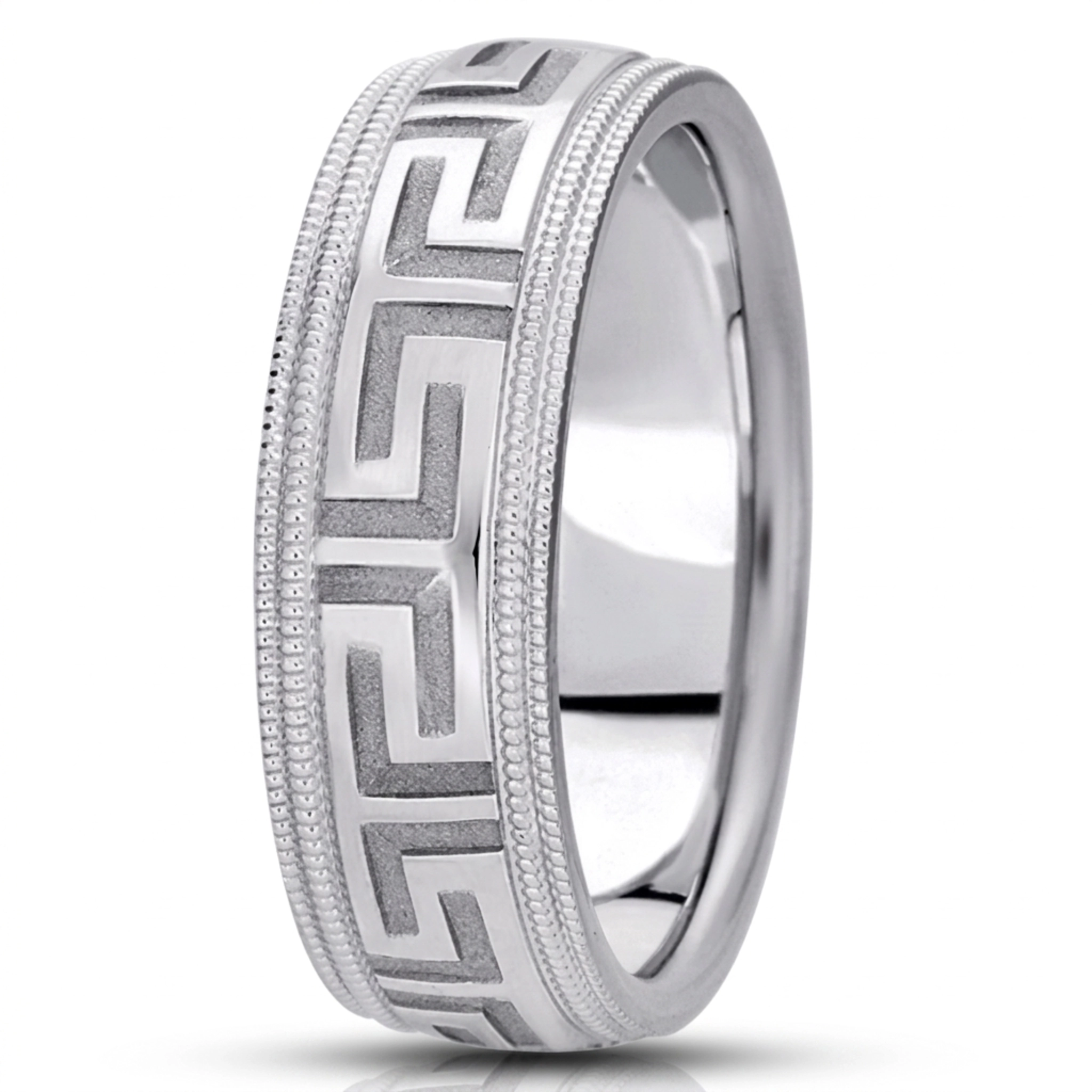 10K white gold 7mm. high polish fancy-carved-diamond-cut-wedding-band - main view