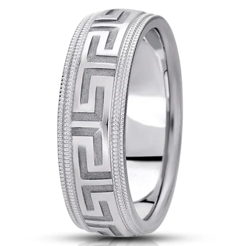 10K white gold 7mm. high polish fancy-carved-diamond-cut-wedding-band - main view