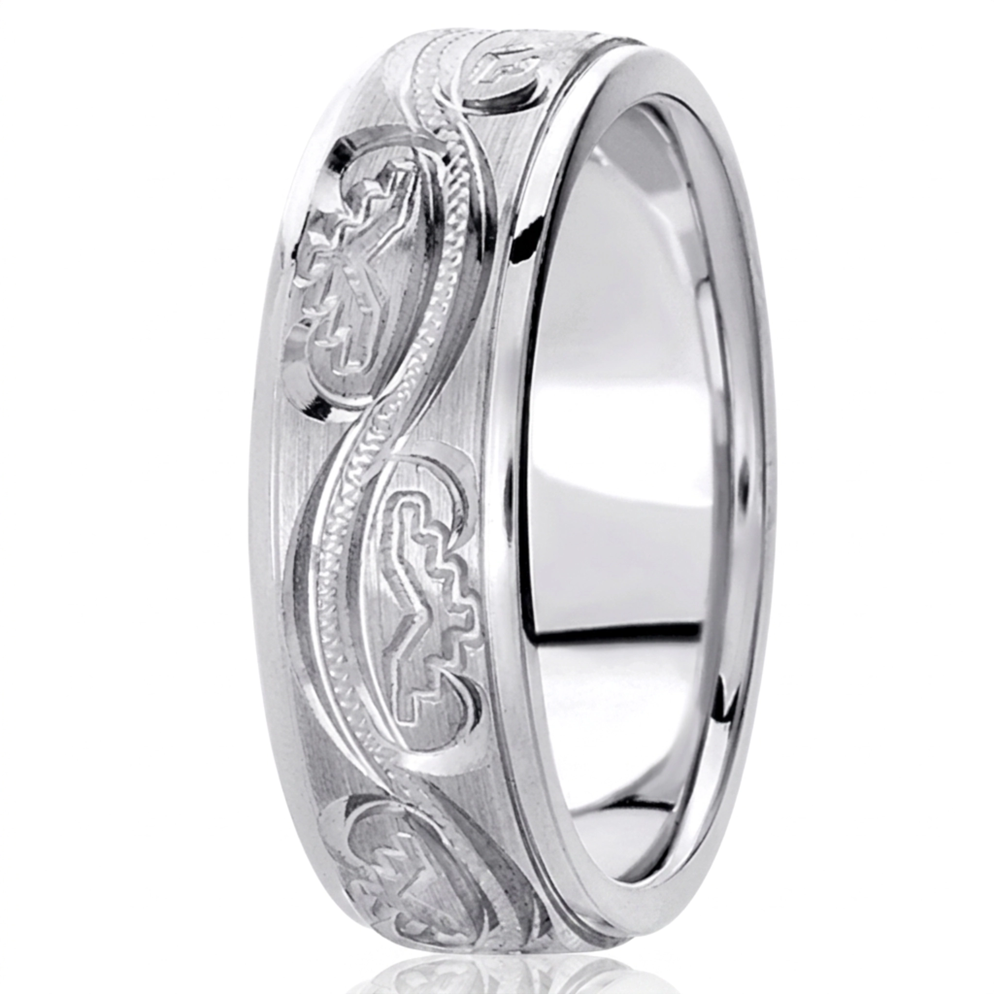 10K white gold 7mm. satin hand-engraved-fancy-carved-wedding-band - main view