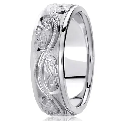 10K white gold 7mm. satin hand-engraved-fancy-carved-wedding-band - main view thumbnail