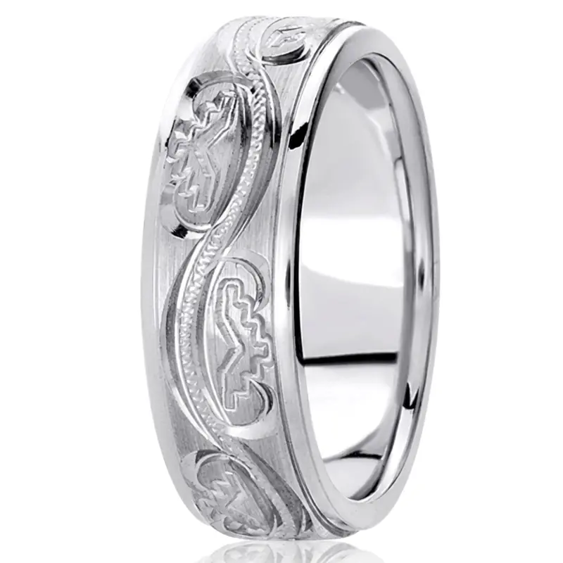 14K white gold 7mm. satin hand-engraved-fancy-carved-wedding-band - main view