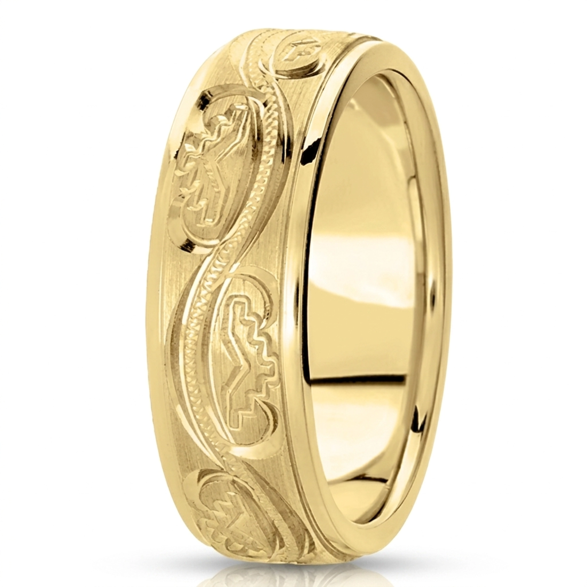 10K yellow gold 7mm. satin hand-engraved-fancy-carved-wedding-band - alternate view 2