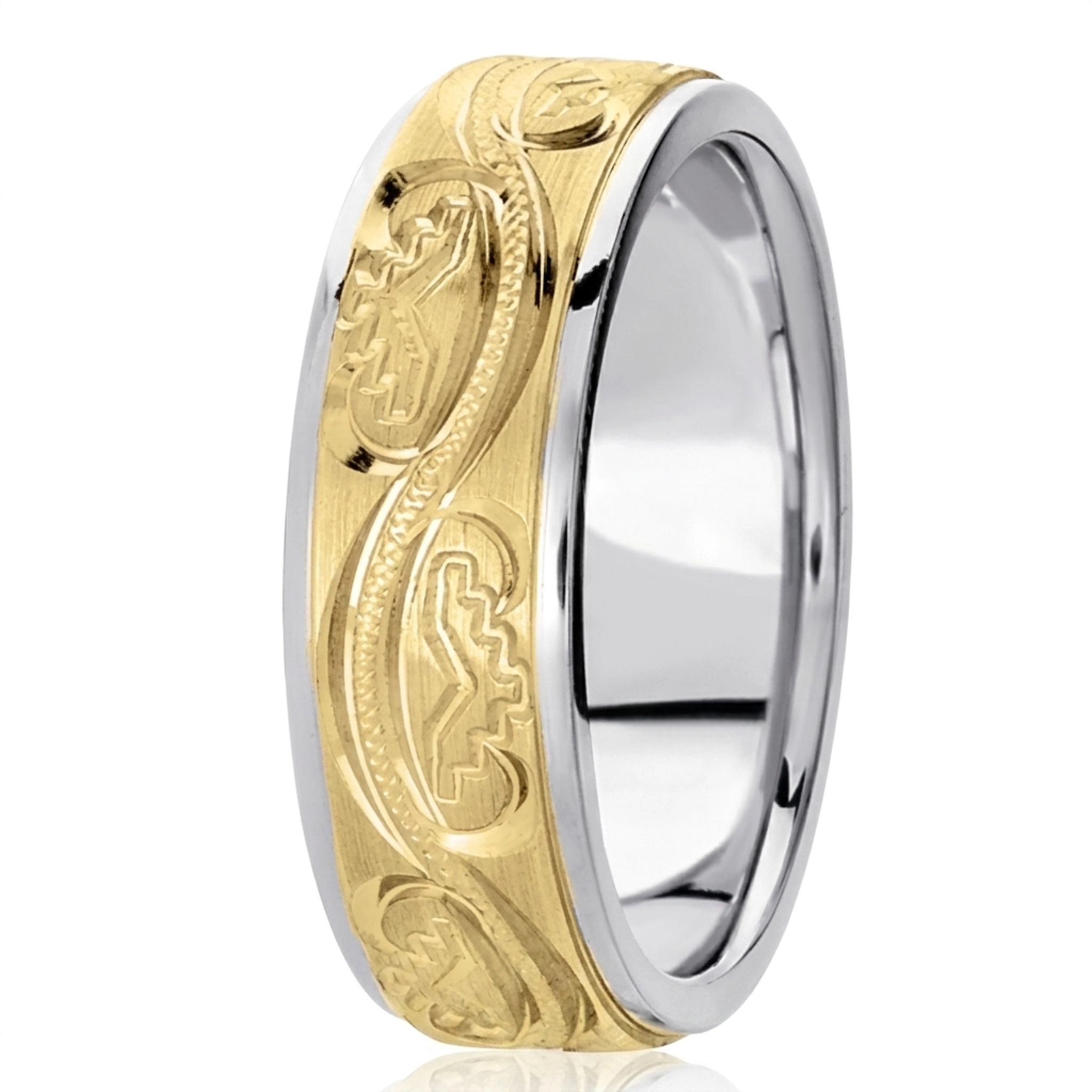 10K white-yellow-white gold 7mm. satin hand-engraved-fancy-carved-wedding-band - alternate view 3