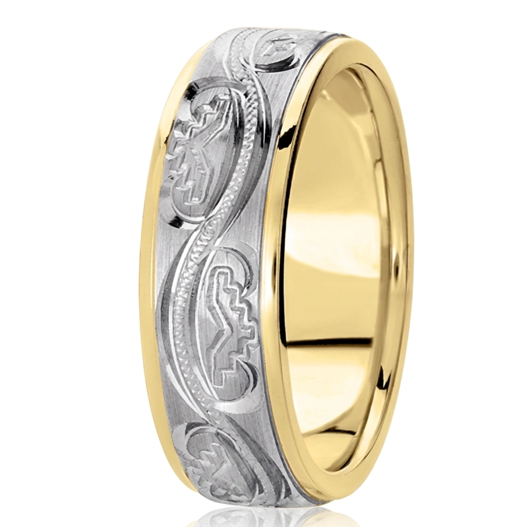 10K yellow-white-yellow gold 7mm. satin hand-engraved-fancy-carved-wedding-band - alternate view 4
