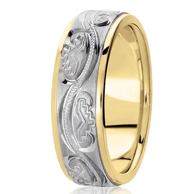 10K yellow-white-yellow gold 7mm. satin hand-engraved-fancy-carved-wedding-band - alternate view 4 thumbnail
