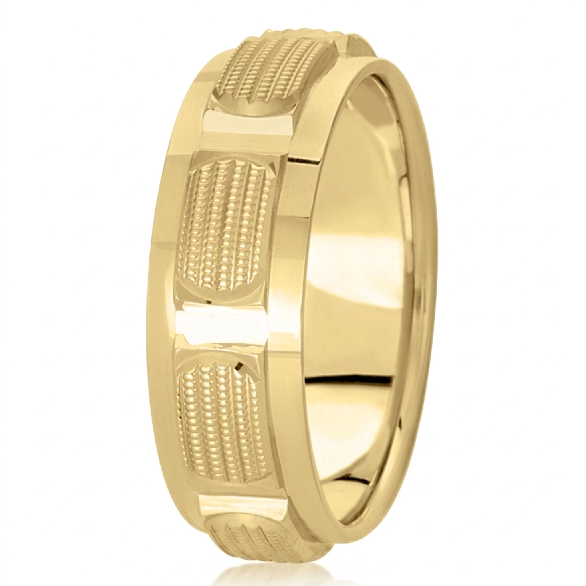 10K yellow gold 7mm. high polish fancy-carved-diamond-cut-wedding-band - main view