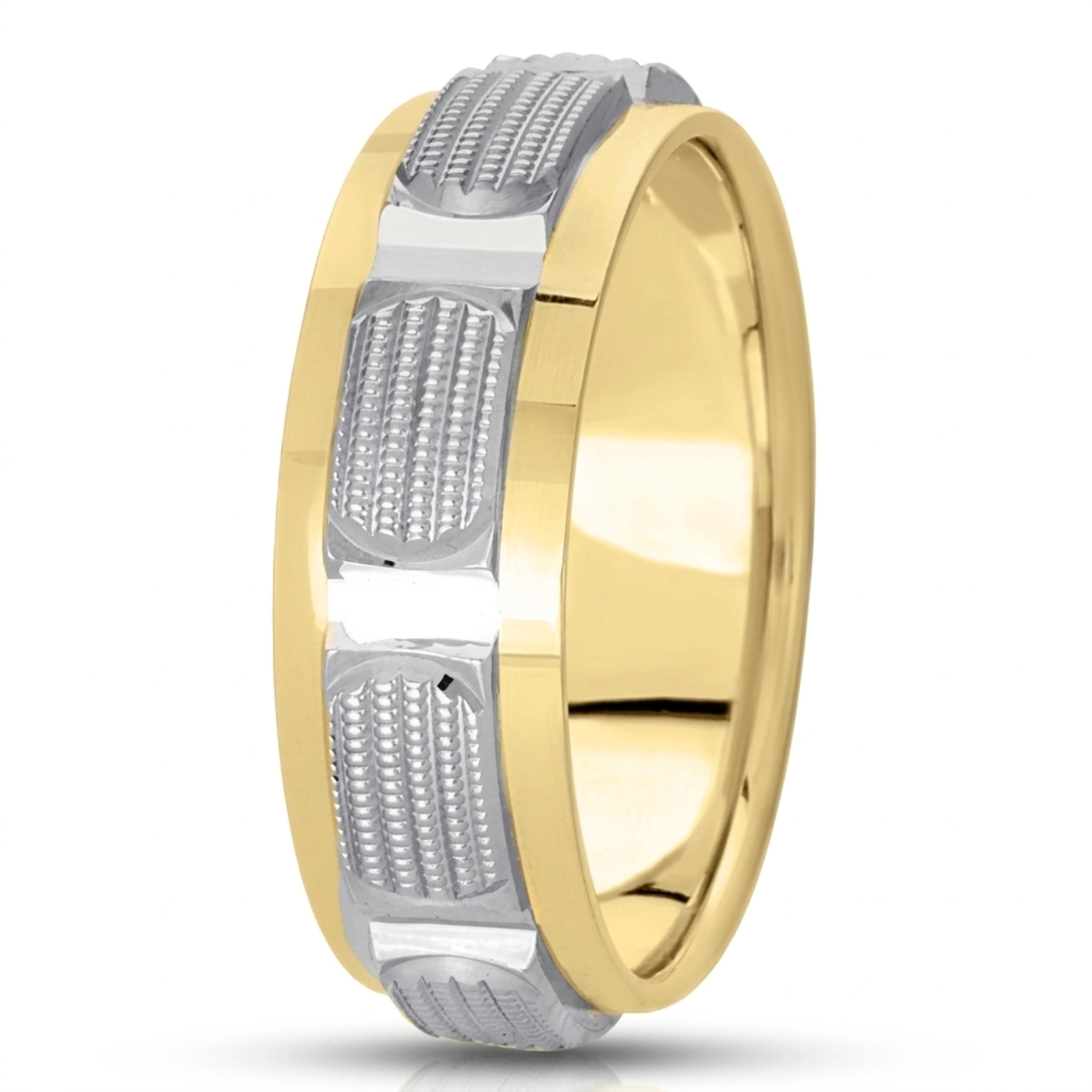 10K yellow-white-yellow gold 7mm. high polish fancy-carved-diamond-cut-wedding-band - alternate view 3