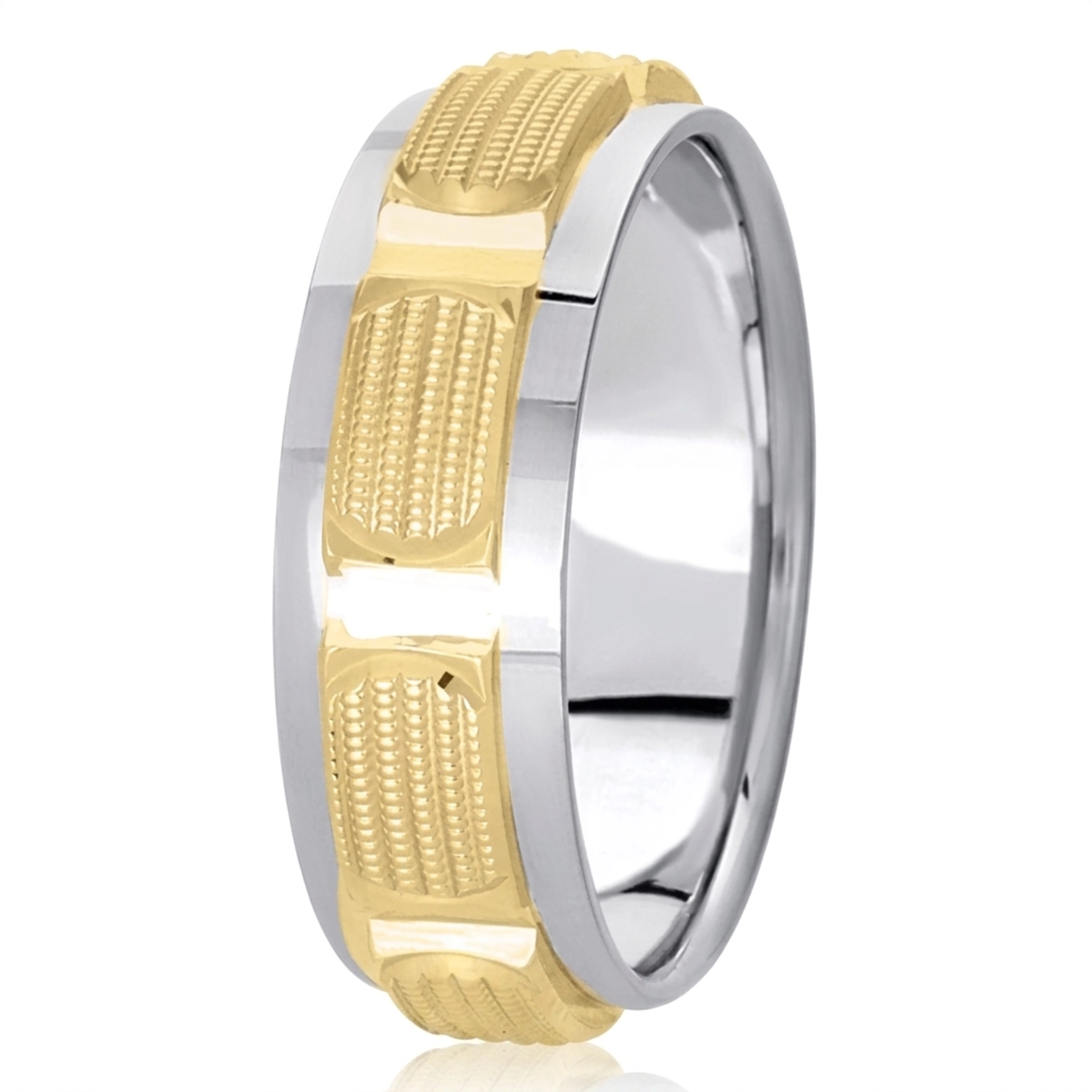 10K white-yellow-white gold 7mm. high polish fancy-carved-diamond-cut-wedding-band - alternate view 4