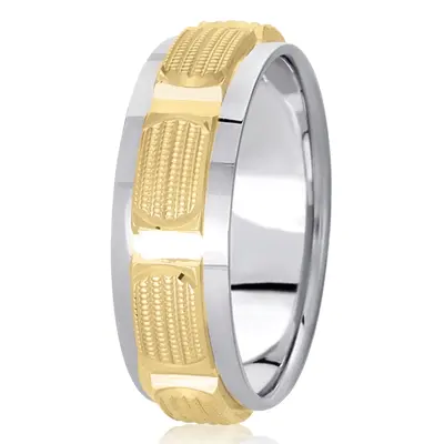 10K white-yellow-white gold 7mm. high polish fancy-carved-diamond-cut-wedding-band - alternate view 4 thumbnail