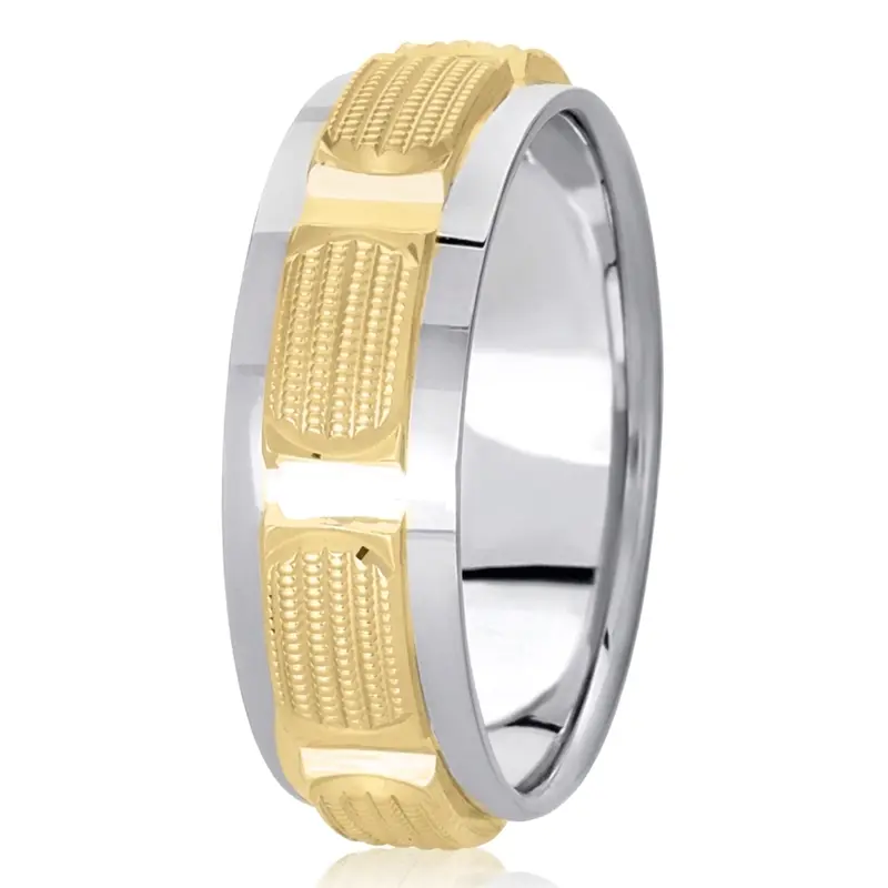 14K white-yellow-white gold 7mm. high polish fancy-carved-diamond-cut-wedding-band - alternate view 4