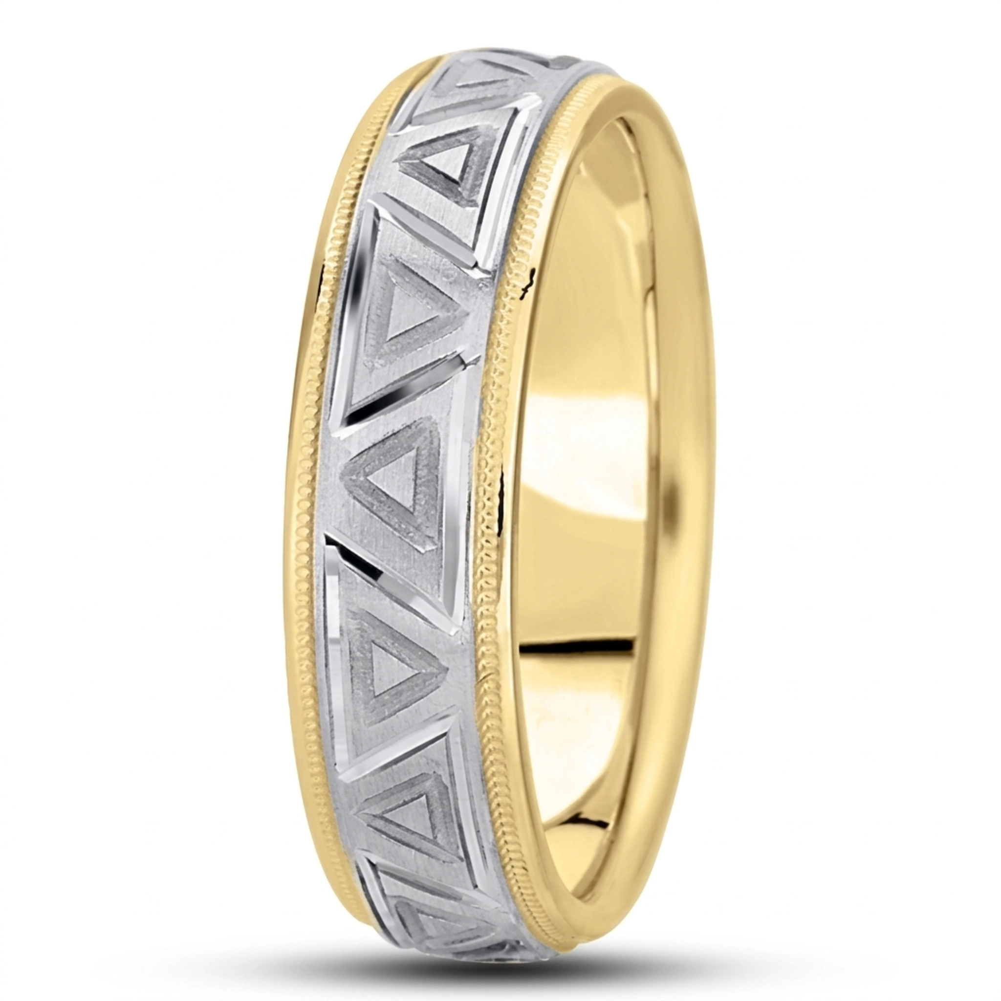 10K yellow-white-yellow gold 6.5mm satin fancy-diamond-cut-wedding-band - main view