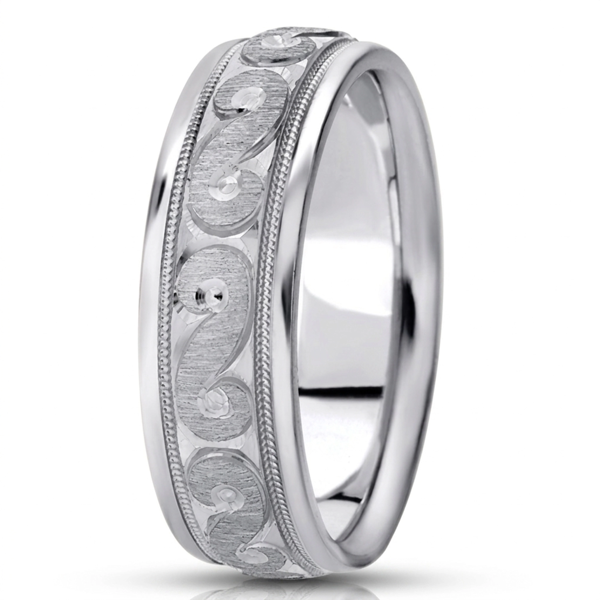 10K white gold 7mm. cross satin fancy-diamond-cut-wedding-band - main view