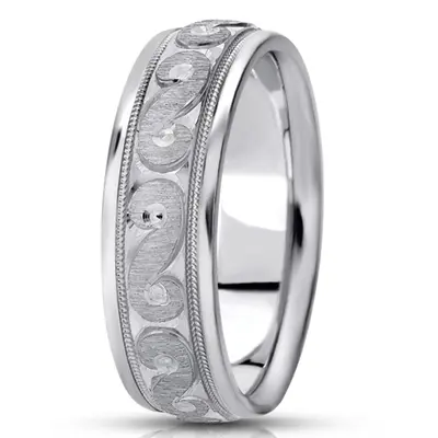 10K white gold 7mm. cross satin fancy-diamond-cut-wedding-band - main view thumbnail
