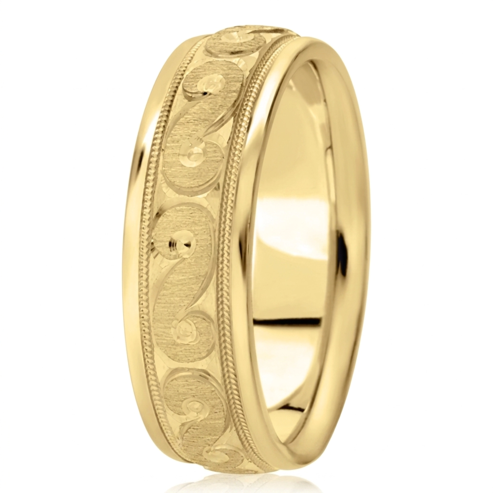 10K yellow gold 7mm. cross satin fancy-diamond-cut-wedding-band - alternate view 3