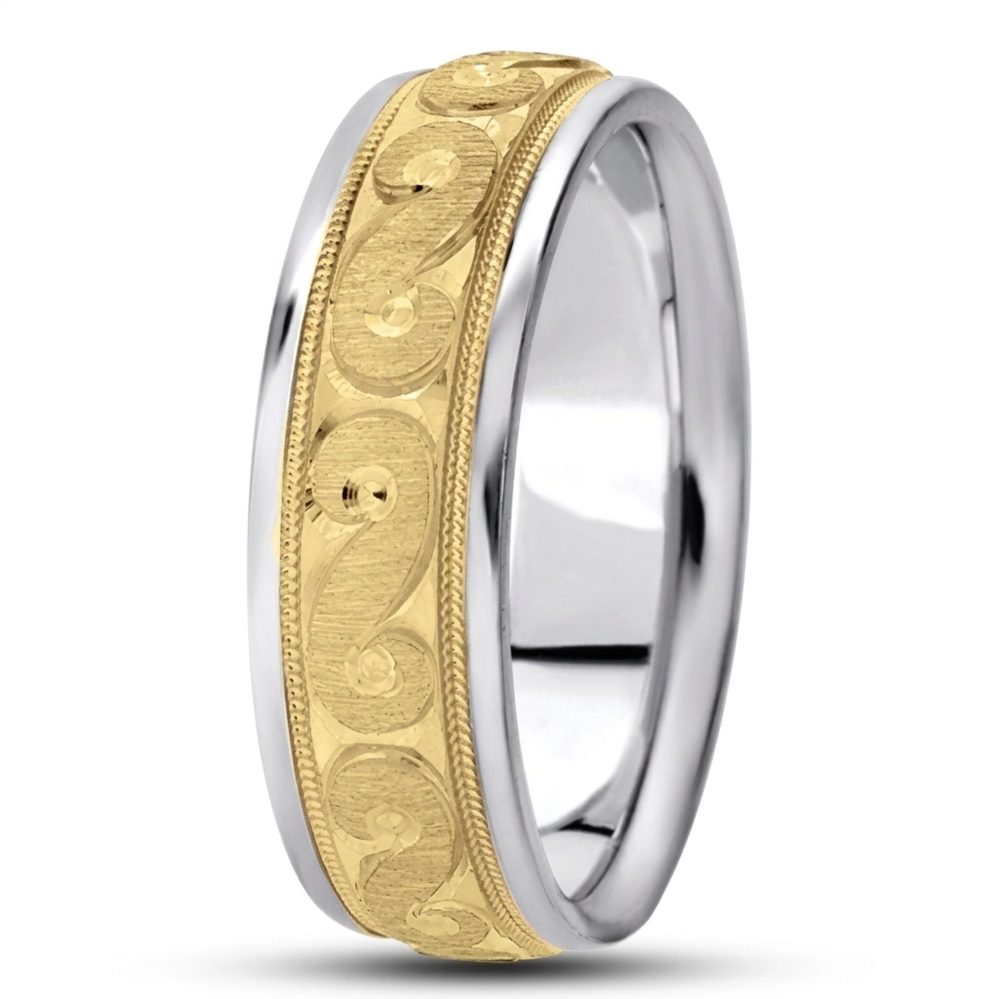 10K white-yellow-white gold 7mm. cross satin fancy-diamond-cut-wedding-band - alternate view 4