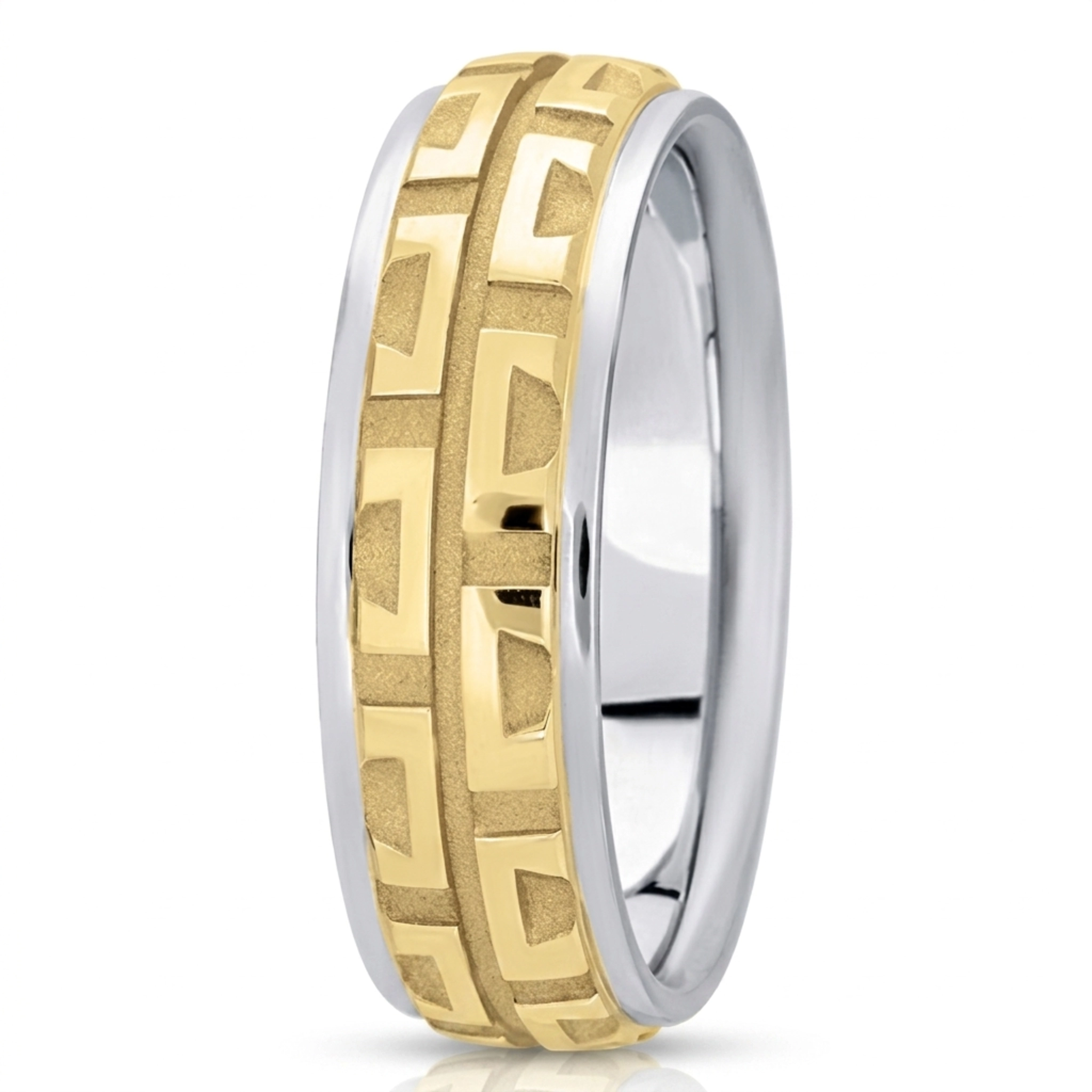 10K white-yellow-white gold 7mm. high polish fancy-carved-diamond-cut-wedding-band - main view